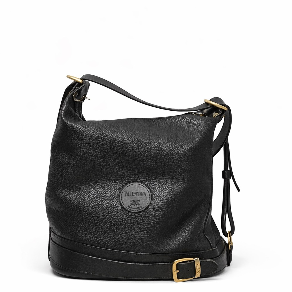 Valentina Black Leather Hobo Bag with Gold Hardware
